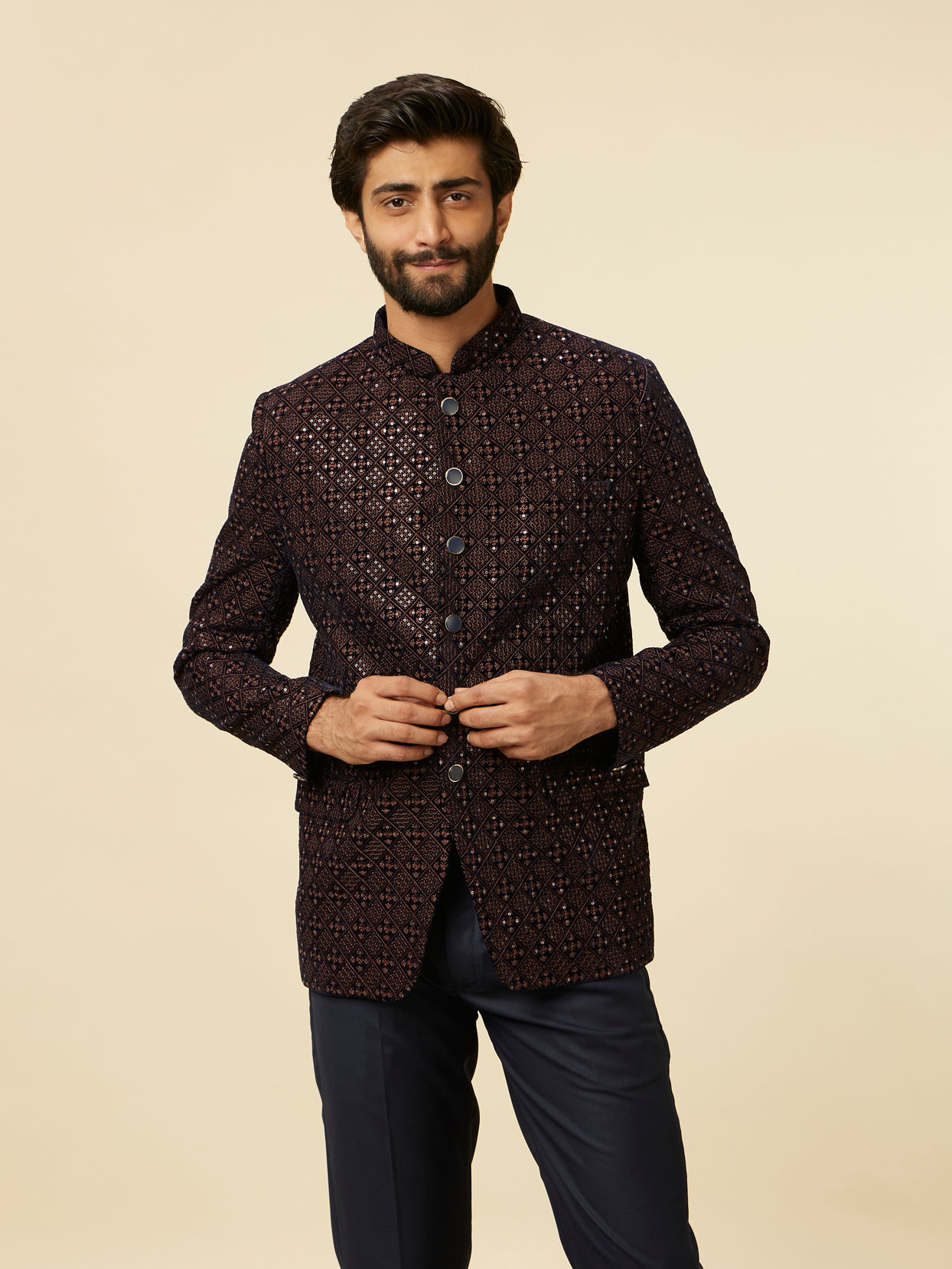 alt message - Manyavar Men Dark Blue Dark Brown Sequin Embellished Jodhpuri Suit image number 0